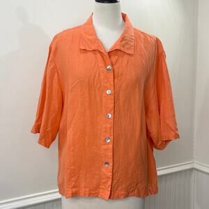 Lino by Chicos Size 2 US L Top 100% Linen Short Sleeve Button Front Orange Boxy